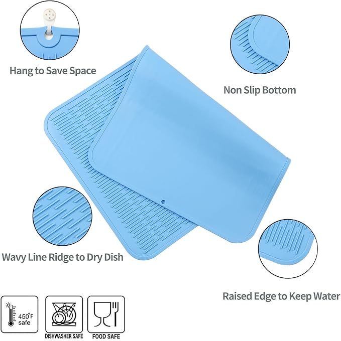 MicoYang Silicone Dish Drying Mat for Multiple Usage,Easy clean,Eco-friendly,Heat-resistant Silicone Mat for Kitchen Counter or Sink,Refrigerator or Drawer Liner Light Blue 3XL 28 inches x 18 inches