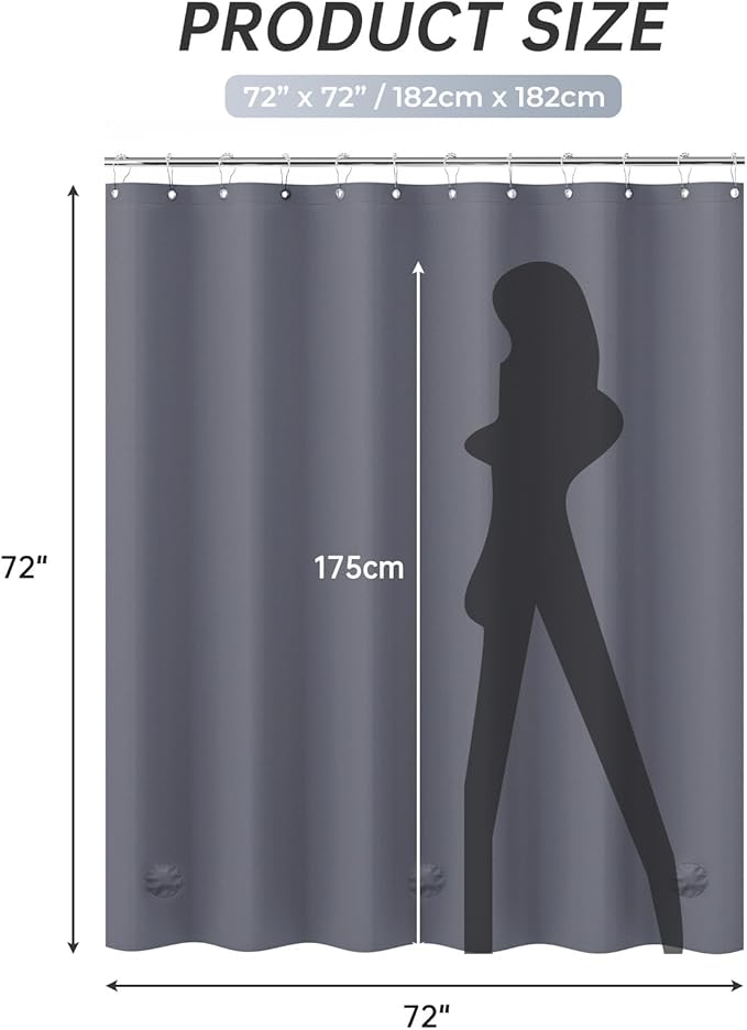 AmazerBath Dark Grey Shower Curtain Plastic, PEVA Shower Curtain Heavy Duty, Gray Shower Curtains for Bathroom, Waterproof Shower Curtain 72x72 with 3 Big Weighted Stones and 12 Rustproof Grommets