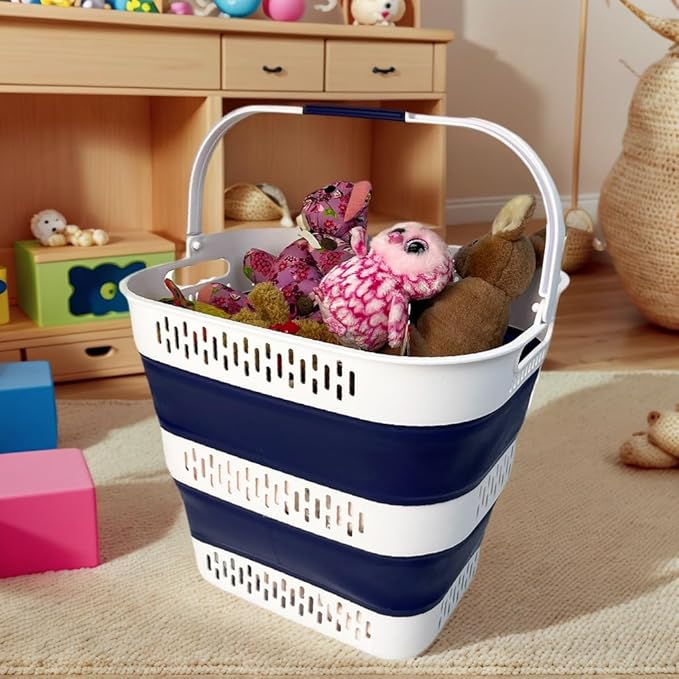 SAMMART 38L (10 Gallon) Collapsible Plastic Laundry Basket - Portable Pop-Up Storage Container/Organizer – Foldable Space Saving Laundry Hamper (2, White/Starry Blue)