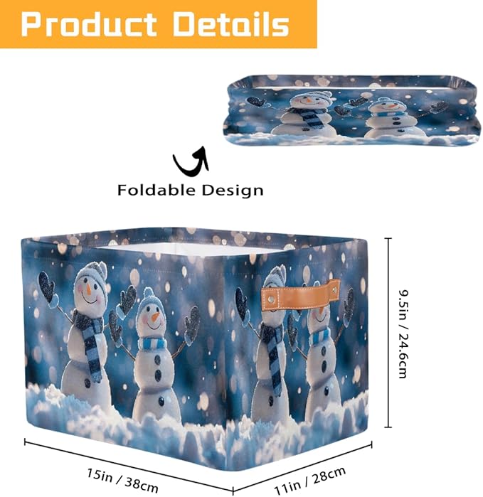 Storage Baskets Bin, Christmas Winter Snowman Collapsible Canvas Fabric Storage Bin Decorative Baskets Toy Organizer Rectangle Storage Boxes with Handles for Home Shelves Nursery, J-021
