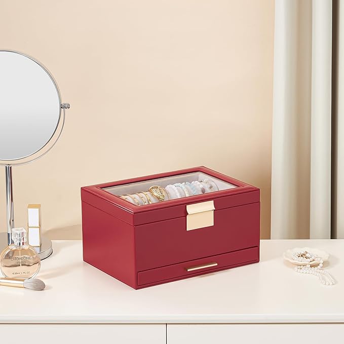 Lolalet Bracelet Holder Organizer with Clear Lid and Drawer, Bangle Storage Box Jewelry Display Holder for Watches, Jewellery Case for Women -Wine Red