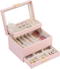 Lolalet Jewelry Box, Clear Window Jewelry Organizer with Drawer for Earrings Bracelets Necklaces Rings, Jewelry Storage for Women -Pink, 3 Layers