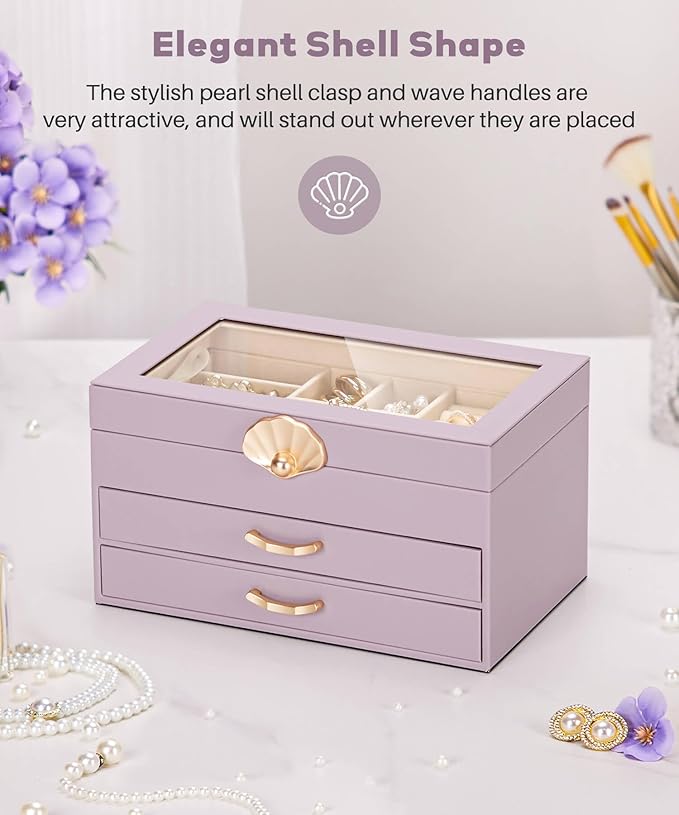 Jewelry Box with 2 Drawers: Jewelry Display Organizer for Earrings Necklaces - Gifts for Girls Women (Grey Purple)