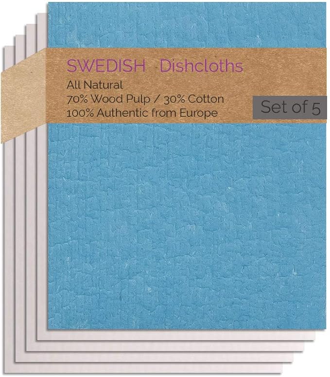 SWEDEdishcloths - Cellulose Sponge Dish Towels - Set of 5 (1 Blue 4 Natural) Swedish Dish Cloths
