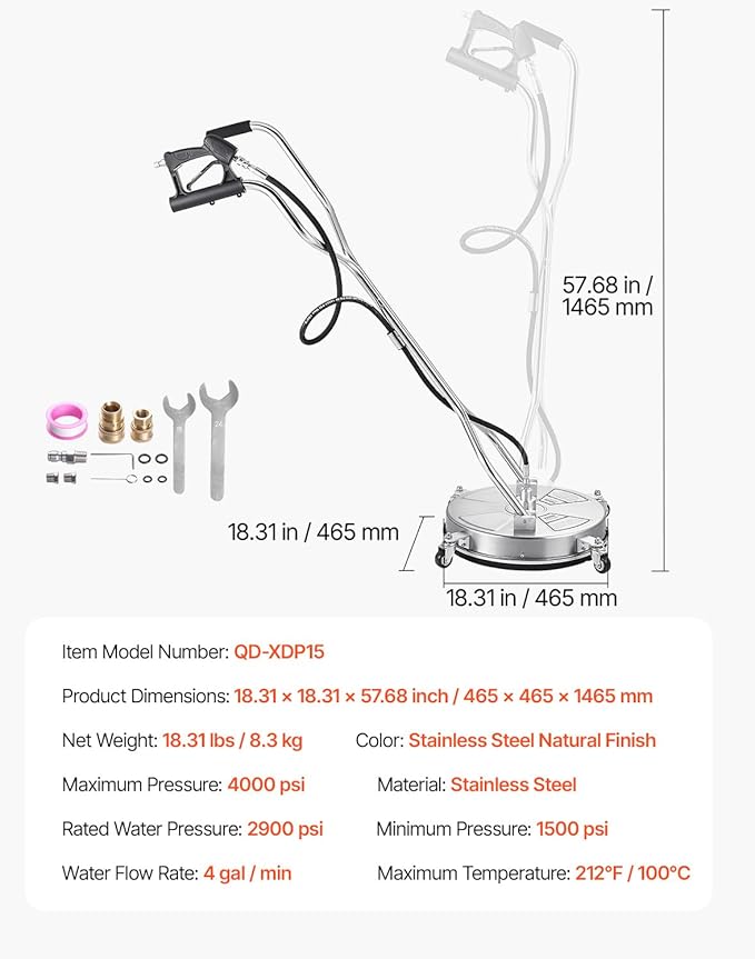 VEVOR 18" Pressure Washer Surface Cleaner, Stainless Steel Pressure Washer Attachments with 4 Wheels, 4000 Max PSI, 3/8 Quick Connector, 2 Spray Nozzles, Dual Handle, for Concrete, Patio, Sidewalk
