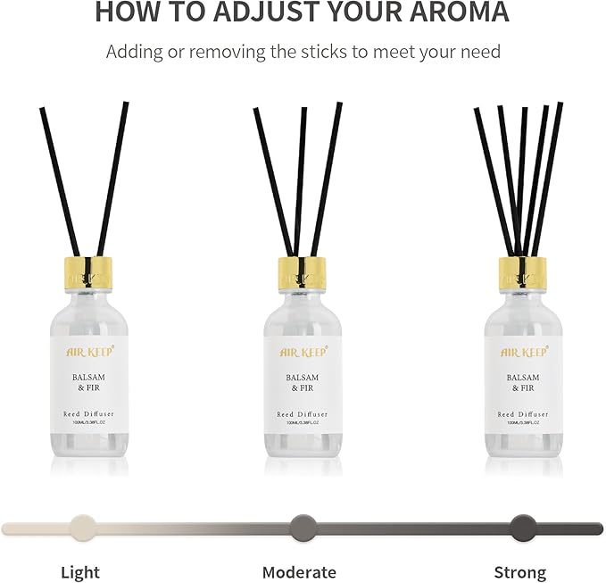 Airkeep Reed Diffuser Set, 3.38 fl oz (100 ml) - Balsam Fir Oil Diffusers with 8 Reed Sticks, Home Fragrance Reed Diffuser for Bathroom Shelf Decor