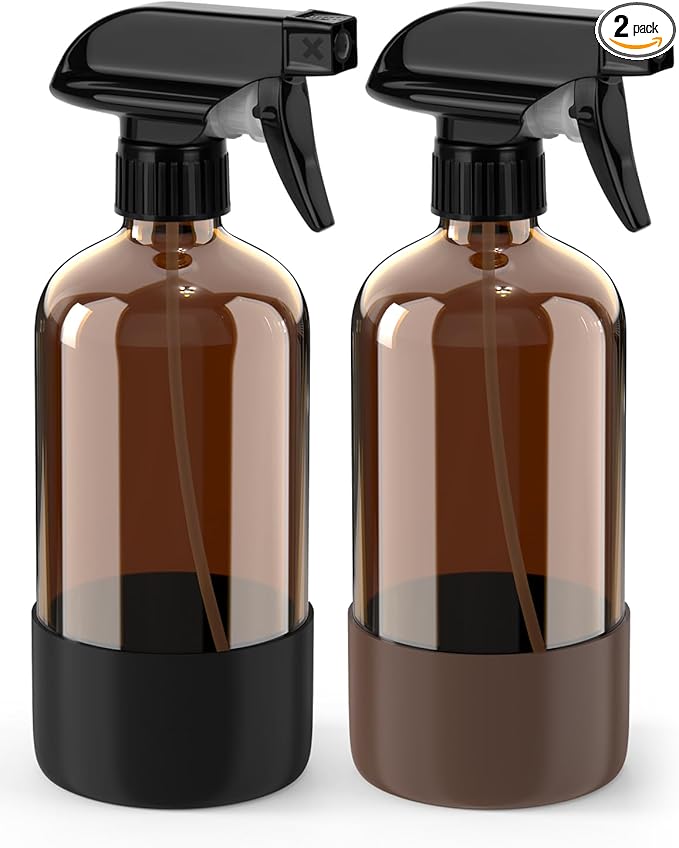 Bontip Glass Spray Bottle with Silicone Sleeve Protection, Amber Glass Spray Bottle Set for Window Cleaner Aromatherapy Facial Hydration Watering Flowers Hair Care 2 Pack/16 oz (Black & Brown)