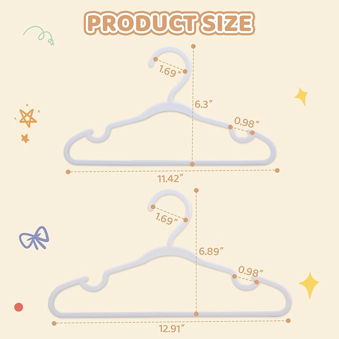 100 Pack White Baby Hangers 11.42 Inch & 12.91 Inch Each 50 Pack - Kids Non-Slip Clothes Hangers for Infant & Child, Durable Plastic Children's Hangers for Closet, Pants, Coats, Skirts