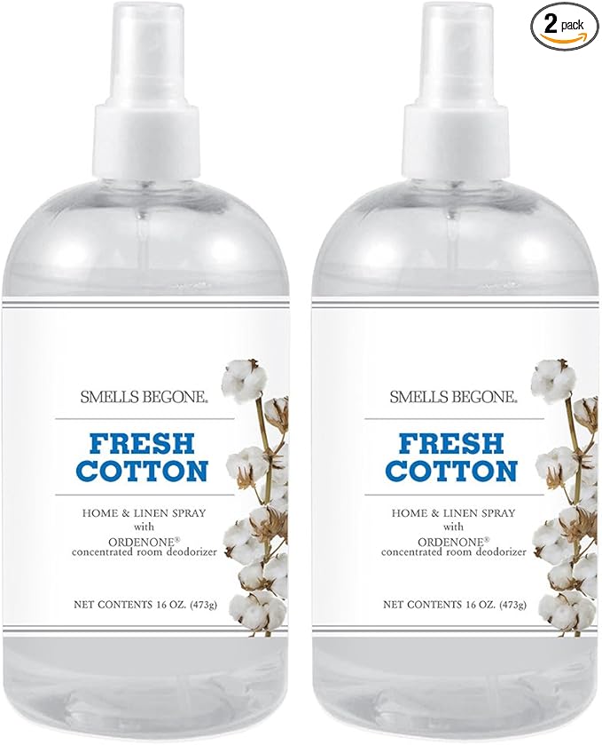 SMELLS BEGONE Air Freshener Home & Linen Spray - 16 oz, Pack of 2 - Odor Eliminator - Made with Essential Oils (Fresh Cotton)