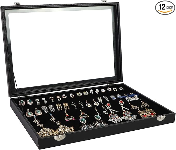 Wudygirl 32 Pairs Jewelry Organizer Velvet Jewelry Tray Clear Lid Earring HolderOrganizer Jewelry Box Earrings Holder Display Case Stackable（Earring Storage）