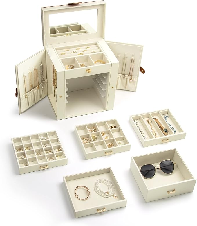 KAMIER Jewelry Box for Women, 6-Layer Large Jewelry Holder Organizer Box with Mirror & 5 Drawers for Rings, Earrings, Necklaces, Bracelets,White