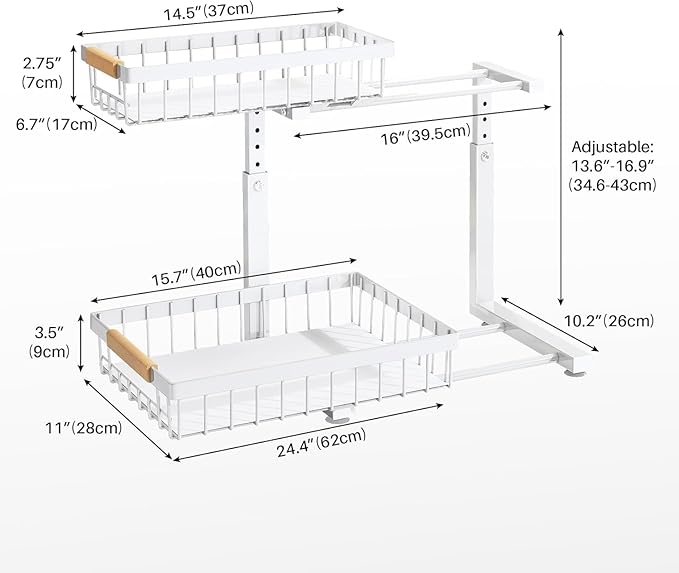 PXRACK Under Sink Organizer, Adjustable Height, 2 Tier Pull Out Under Cabinet Organizer, Slide Out Thickened Metal Under Sink Storage for Kitchen Bathroom Laundry Pantry Cabinet,1-Pack, White