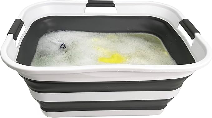 SAMMART Collapsible Plastic Laundry Basket Washing Tub Foldable Pop Up Storage Container-Space Saving/Portable Laundry Hamper. Ideal for Home, Travel, Dorm, and Camping (White/Steel Grey, 42L)