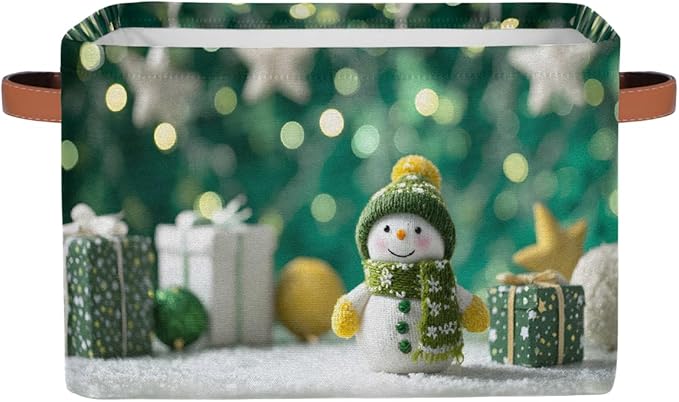 Storage Baskets Bin, Christmas Winter Snowman Collapsible Canvas Fabric Storage Bin Decorative Baskets Toy Organizer Rectangle Storage Boxes with Handles for Home Shelves Nursery, J-013