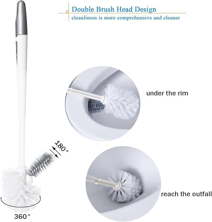 Ryhiac 2 Pack Toilet Bowl Brush Without Holder for Bathroom, Under-Rim Double Brush Head, Long Handle Household Cleaning Brushes Set (2 Pack Grey Brush Without Holder)