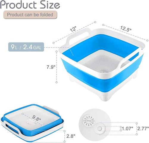 2.4 Gal(9L) Collapsible Dish Basin with Drain Plug, Space Saving Outdoor Multiuse Foldable Sink Tub, Dishpan, Kitchen Storage Tray for Camping, Vegetable Washing, RV (Blue)