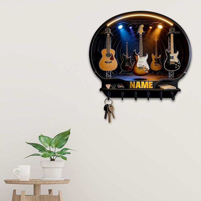 Custom 2D Flat Print Rock Guitar Key Storage Holder for Music Lover Family Friends Music Themed Wall Hooks Personalized Vintage Guitar Stand Name Key Rack Coat Holder for Culb Living Room Hallway