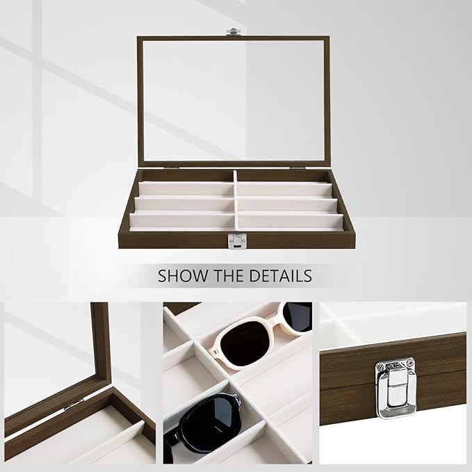 Wudygirl Sunglasses Organizer 8 Slot Jewelry Organizer Tray Vintage Jewelry Box Wooden Glasses Organizer with Lid Watches Display Jewelry Tray for Women (Beige 8 Grid