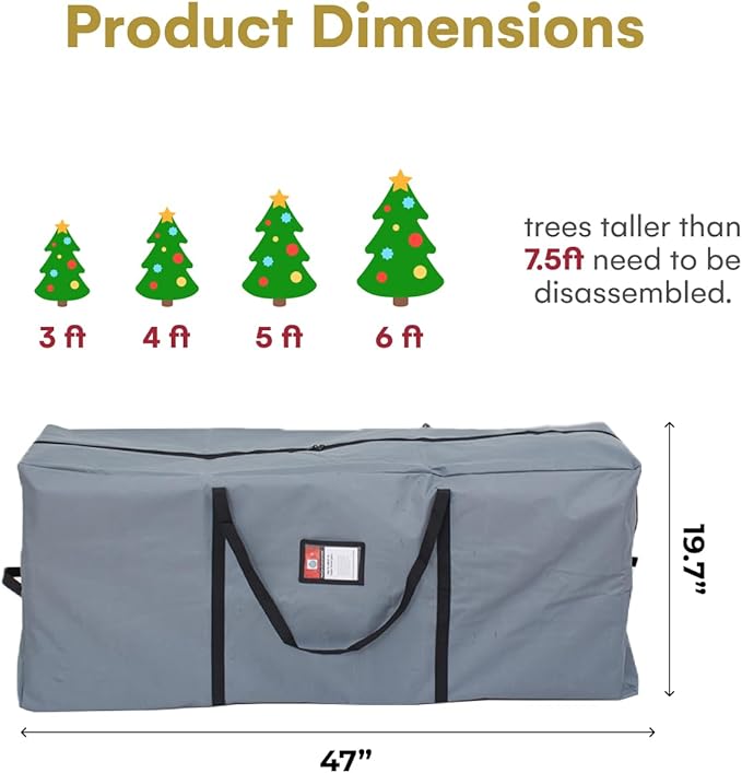 HOLIDAY SPIRIT Christmas Tree Storage Bag - Heavy-Duty Waterproof Christmas Tree Bag with Durable Reinforced Handles and Dual Zippers - Fits 7.5ft Tree, Protects from Dust and Moisture - Charcoal