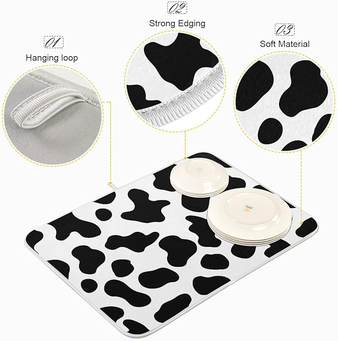 Cow Spots Black and White Dish Drying Mat 16x18 for Kitchen Counter Rustic Farm House Country Style Dishes Pad Absorbent Fast Dry Dish Draining Mats Large Kitchen Accessories