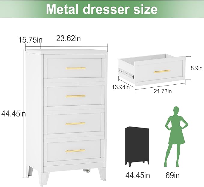 Metal Dresser Tall Narrow Dresser for Bedroom Chest, 44.45" H Drawer Chest, Closet Dressers & Chests of Drawers for Living Room, Hallway (4 Drawers White 24inch Wide)