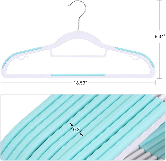 Pack of 30 Coat Hangers, Space-Saving Plastic Clothes Hangers, Non-Slip, 0.2 Inches Slim, 360° Swivel Silver Hook for Shirts, Pants, Suit & Wet/Dry Garments, Blue and White