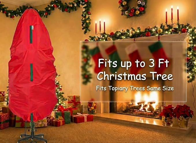 Upright Christmas Tree Storage Bag - Fits 3 Ft Artificial Xmas & Topiary Tree, Vertical Holiday Cover, Durable, Dustproof & Easy-Use Xmas Storage, Red