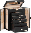 Homde Jewelry Box Large for Women: 6 Layers 5 Drawers Organizer with Mirror for Ring Earring Necklace - Storage Holder with Lock for Dresser (Black)