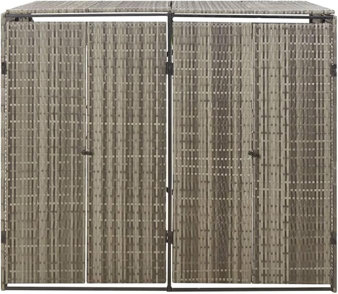Double Wheelie Bin Shed Garbage Can Storage Shed, PE Trash Container Management Unit, Outdoor Patio Recycling Dustbin Trash Shed, Gray 55.1"x31.5"x46.1" Poly Rattan