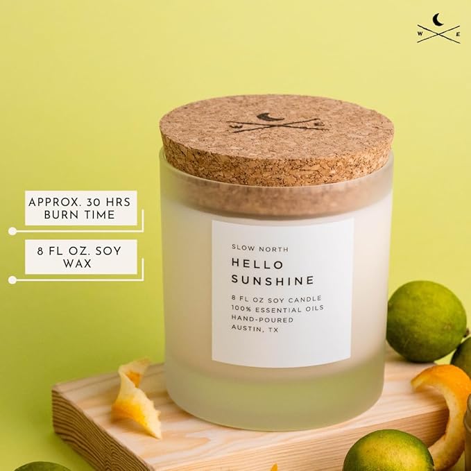 Slow North Hello Sunshine Candle - Essential Oils and Pure Soy Wax Candle in a Reusable Frosted Glass Jar - A Unique and Mindful Scented Candle Hand-Poured in The USA (8 oz)