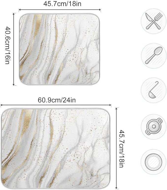 Marble Dish Drying Mat for Kitchen Counter White Golden Marble Gary Grey Drying Mats Super Absorbent Reversible Microfiber Kitchen Countertop Protector Dishes Pad Large 18x24 inch