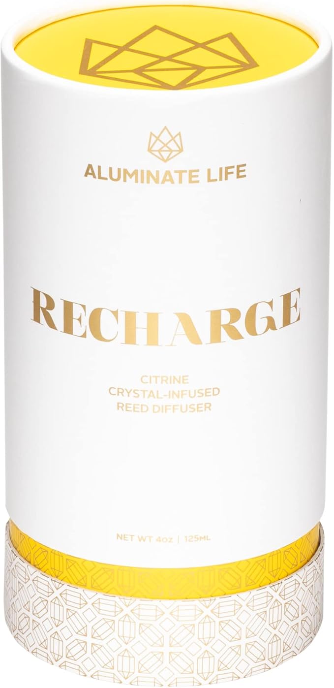 Citrine Crystal Infused Reed Diffuser, 4 OZ, Recharge - Scents of Lemongrass, Geranium & Basil for Inspiration & Creativity - Perfect for Meditation Spaces, Yoga Studios, Bedside Tables
