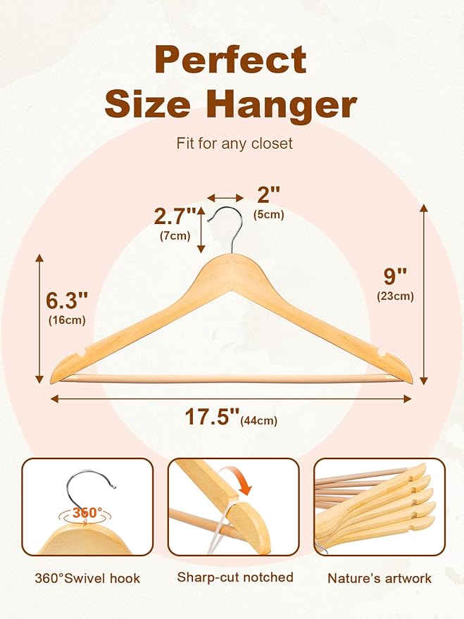HOUSE DAY Bulk Wooden Hangers 80 Pack, Solid Wood Hanger with Non Slip Pant Bar, Heavy Duty Wooden Coat Hanger for Closet, Smooth Finish Wood Clothes Hangers for Shirts, Suits Jackets, Dress, Natural