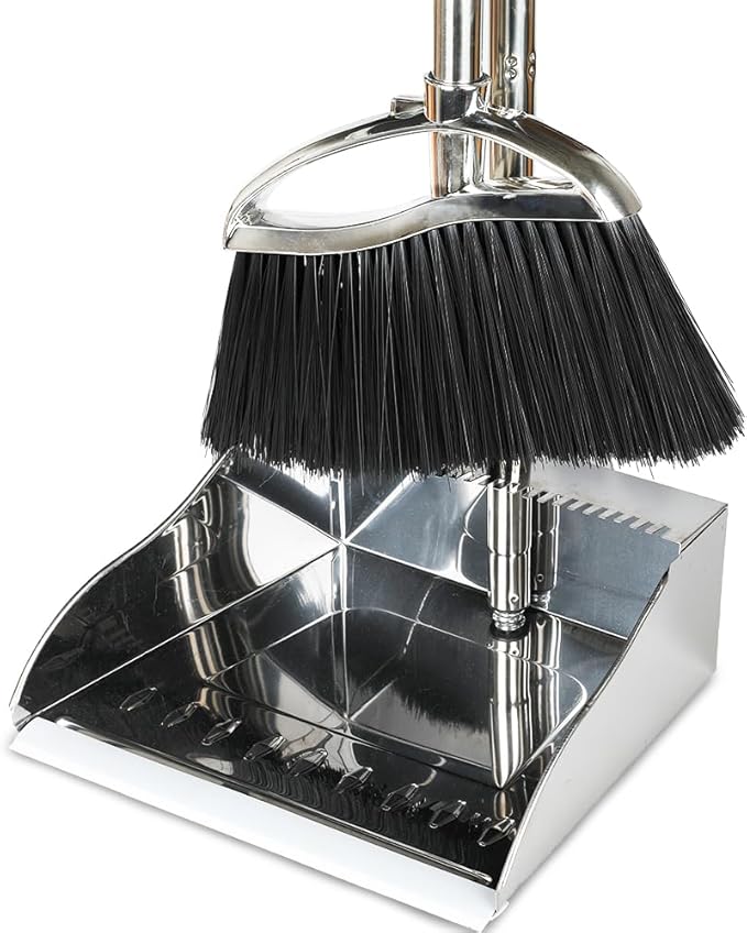 Indoor Broom and Dustpan Comb Set,Heavy Duty Stainless Steel Metal Dust Pan with Long Handle Sweeping Soft Bristles Broom for Floor Home Lobby Office