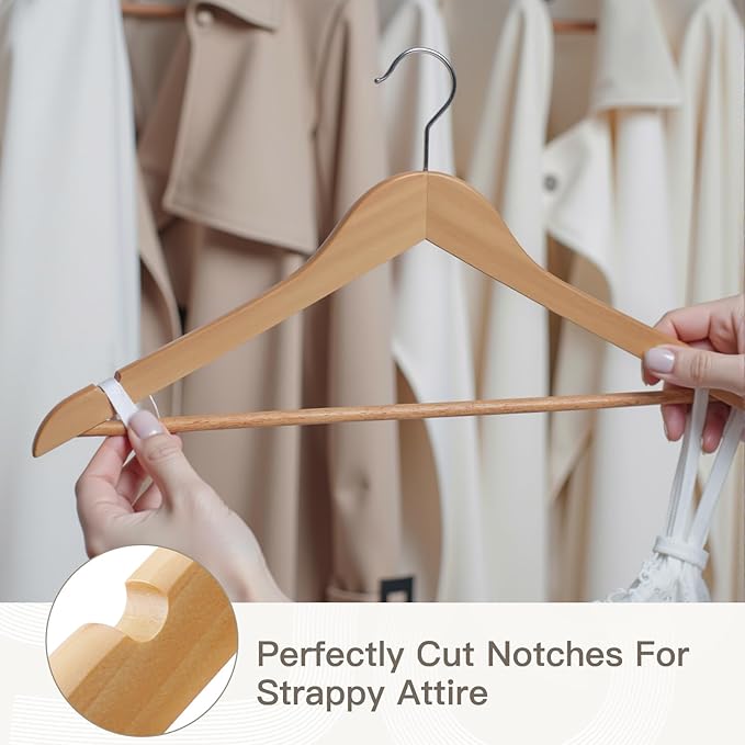 Wooden Hangers 90 Pack,Heavy Duty Solid Wooden Clothes Hangers with Pant Bar,360-Degree Rotatable Hook,Durable & Slim Wood Hangers for Coats,Jackets,Dress,Pants(Natural)