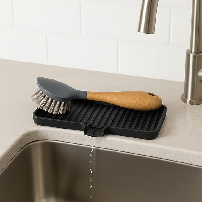 Happitasa Silicone Soap Dish Tray and Sponge Holder with Drain Chute | Bathroom and Kitchen Sink Organizer Caddy (Black, 9"x3.5", 5.6 Ounces)