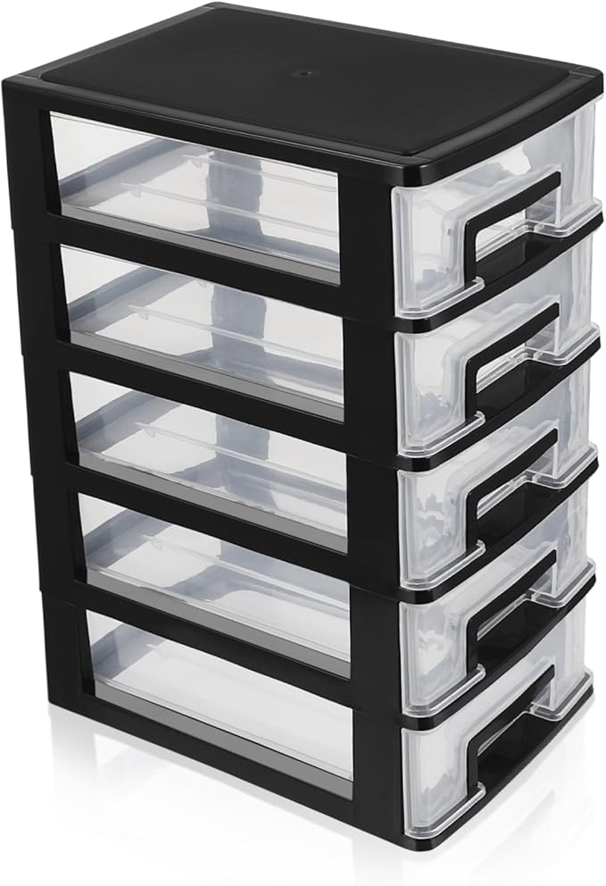 Multifunctional Five-layer Storage Cabinet Plastic Drawer Type Closet 5 Drawer Storage Tower Container Case with Clear for Home 8.3x5.9x12.3inch Black