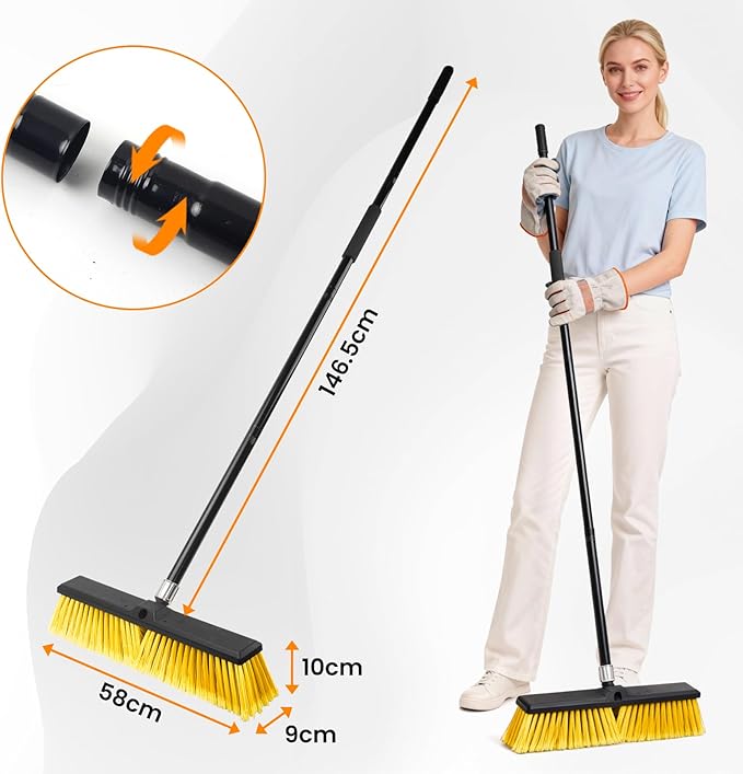 18 Inches Push Broom Outdoor，Commercial Broom Brush，Stiff Bristle Brush with 61.8 inches Long Handle for Patio Garage Deck Street Shop Warehouse Lawn Driveway -2 Pack