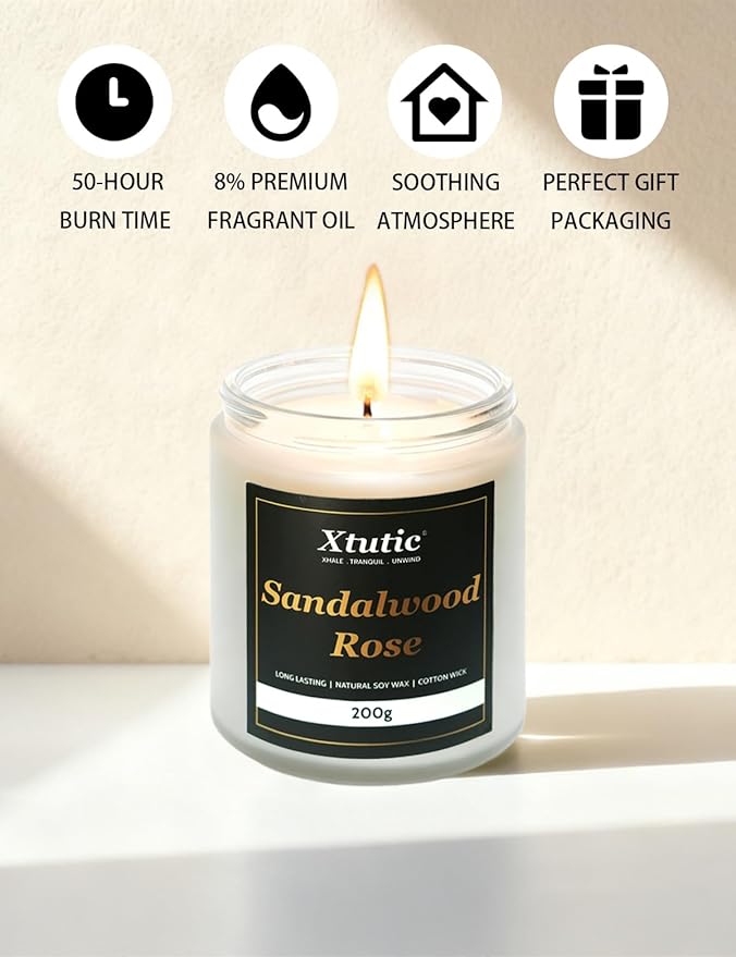 Scented Soy Candles, 7oz in White Frosted Jar - 50-Hour Burn Time, Aromatherapy Candle for Home Decor, Cozy Gifts for Any Occasion,Ideal Gifts for Women(Sandalwood Rose)