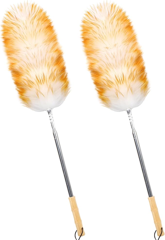 iHUFeather Lambswool Duster for Cleaning with Solid Wooden Handle Leather Hang Strap 87.8" Removable Retractable Feather Duster for Cleaning Ceiling Fans Window Blinds Interior Roof Furniture(2 Pack)