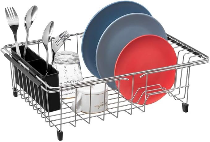 SANNO Dish Drying Rack, Large Dish Rack Adjustable Deep Dish Drainer with Removable Silverware Holder, Deep Large Dish Rack in Sink On Counter, Expandable Arms, Stainless Steel