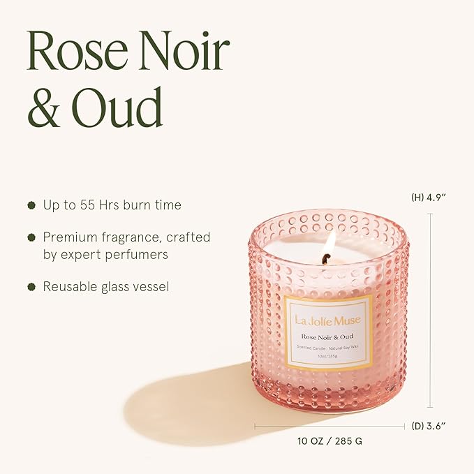 LA JOLIE MUSE Rose Noir & Oud Scented Candle – Lemon, Rose & Oud | 10 oz Natural Soy Wax | 55 Hours Clean Burn | Valentines Day Gifts for Her | Elegant Home Décor