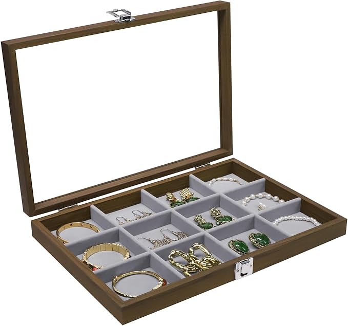 Stratalife Bracelet Organizer Wood Jewelry Box Vintage Jewelry Organizer Bangle Storage Tray with Clear Lid for Drawers Women 12 Grid