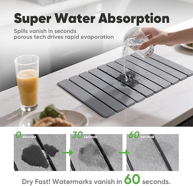 Stone Drying Mat for Kitchen Counter, Quick Diatomaceous Earth Mats for Dishes, 23.6"L x 15.7" W Super Absorbent Fast Drying Collapsible Countertop Stone Mat (Light Grey, Extra Large)