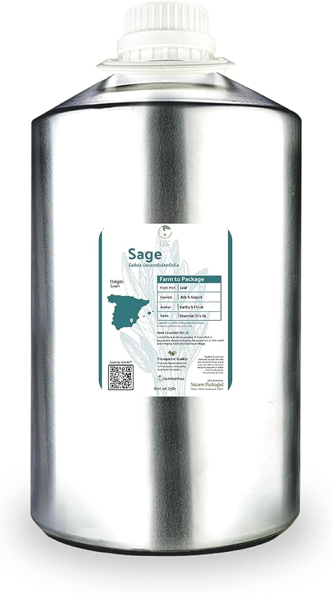 Sage Essential Oil - Direct from Essential Oils SL Spain - Steam Distilled - Aceite Esencial de Salvia for Aromatherapy, Massage, Diffuser, DIY Candle and Soap Making - 22lbs