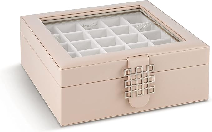 Glenor Co Earring Organizer - Classic 50 Section Jewelry Box/Case/Holder for Earrings, Rings, Necklaces, Jewelry, Cufflinks or Collections -2 Layer Small Compartments with Large Glass Top - Sand