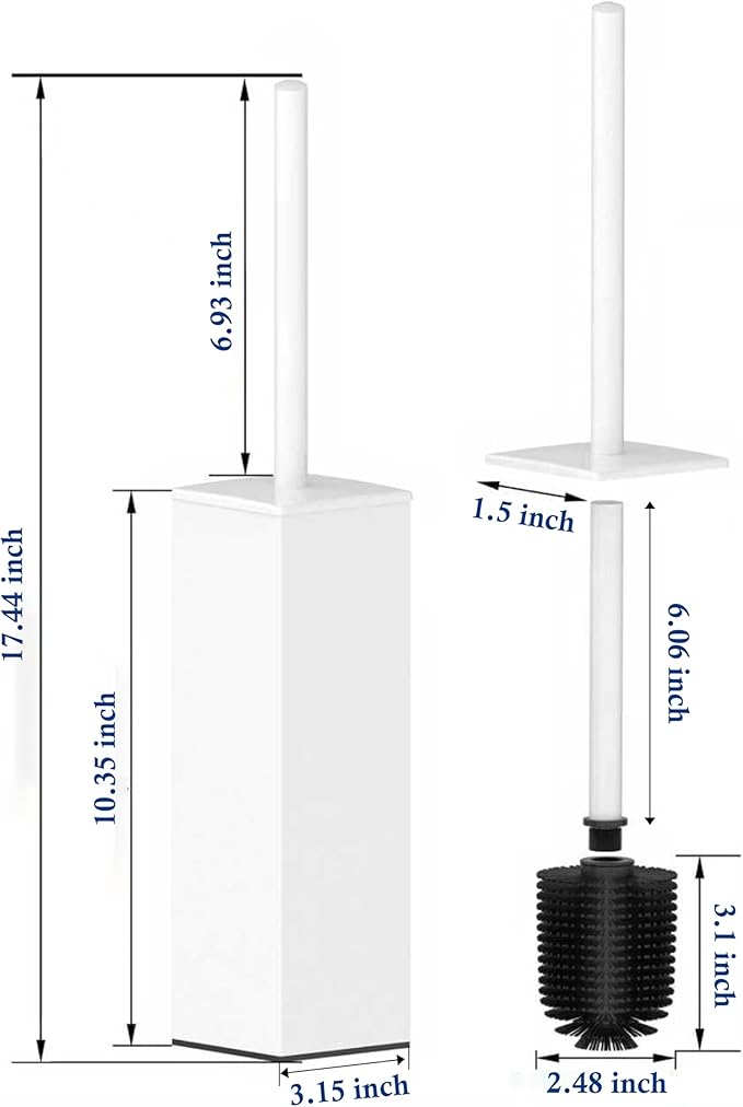 RUACQ Toilet Brush and Holder Set 2pcs,Square Toilet Bowl Brush for Bathroom with 304 Stainless Steel Handle Toilet Cleaner Brush with Durable Scrubbing Bristles,Splash-Proof (White)