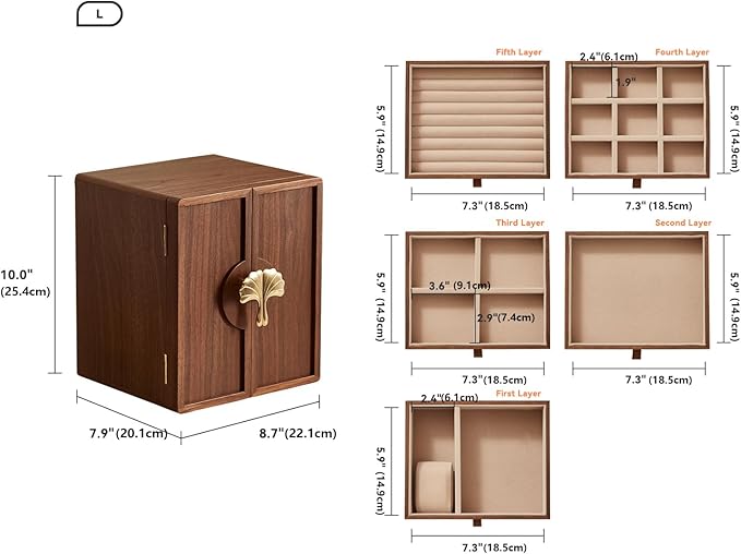 Wooden Jewelry Box 5 Layer Black Walnut Large Jewelry Organizer with Brass Handle for Necklaces Rings Earrings Watches Storage, Valentines Day Gifts for Her(7.9x8.7x10.0inches)