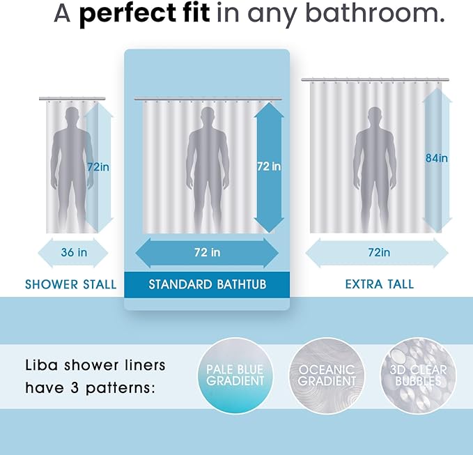 LiBa PEVA Shower Curtain Liner with 12 Plastic Rings - 8G Waterproof Shower Liner for Bathroom, 72x72 Inch Stall Shower Curtain Liner with Magnets, Oceanic Gradient Weighted