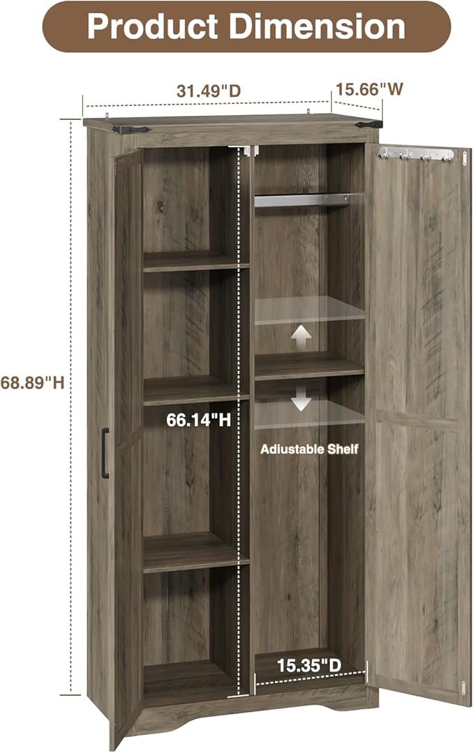 Set of 2 Farmhouse Rustic Grey Storage Cabinet with Adjustable Shelves, Large Pantry Organize with 2 Barn Doors, Tall Freestanding Cabinet for Kitchen, Bathroom, Garage, Living, Utility Room